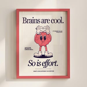 Cute Character Classroom Art -Printable Class Art - Brains Are Cool, So Is Effort Poster - Classroom Positivity Poster - Retro Character Art image 1