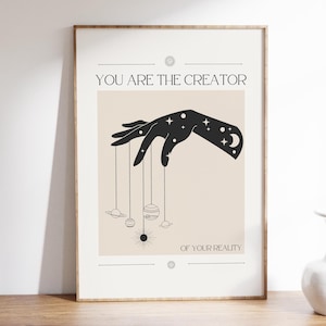 Impresión tipográfica con frase "Eres el creador de tu realidad" - Póster místico - Póster con frase espiritual - Arte espiritual - Descarga digital imagen 1