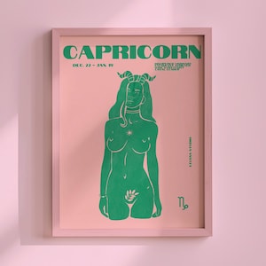 Pink & Green Maximalist Capricorn Art Poster/Maximalist Zodiac/Trendy Astrology Art/Capricorn Wall Art/ Instant Download/ Cool Apartment Art image 1