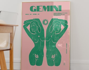 Pink & Green Maximalist Retro Gemini Wall Art Poster/Printable Art /Trendy Astrology Art/Gemini Art Print/ Digital Download/Apartment Art