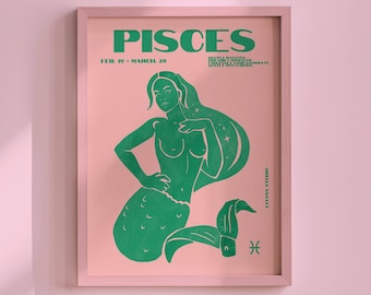 Pink & Green Maximalist Pisces Wall Art Poster/Maximalist Zodiac/Trendy Astrology Art/Pisces Art Print/ Instant Download/Fun Apartment Art