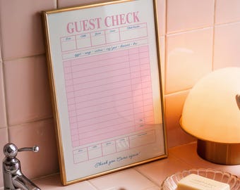 Impresión de cheque de invitado en blanco: póster de cheque de invitado rosa, impresión de arte retro, cheque de invitado de estilo vintage, cheque en blanco imprimible, arte preppy estético