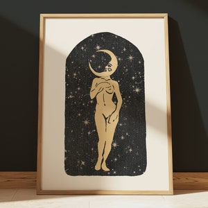 Starry Moon Goddess Wall Art Poster, Cosmic Moon Woman Art Print, Witch Aesthetic Art, Printable Art, Spirituality Artwork, Celestial Poster