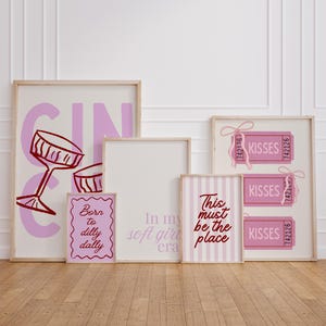 Preppy Pink Wall Art Set of 5 Prints –  Cute Coquette Dorm Room Decor with Kisses, Soft Girl Era Quote Poster | Aesthetic Gallery Wall Art