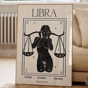 Affiche d&#39;art noir et blanc déesse du zodiaque - impression poster astrologie - téléchargement numérique - art mural zodiaque - impression balance - art astrologie