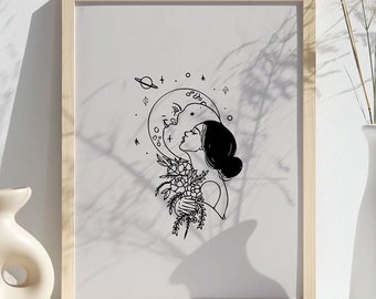 Celestial Moon Lover Art Print/Mystic Moon Art Print/Celestial Moon Print/ Printable Art Prints/Digital Download/ Moon Girl Print