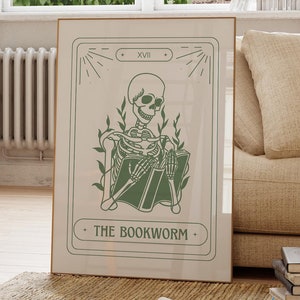 The Bookworm Tarot Wall Art - Reading Wall Art - Bookworm Art -Reading Skeleton Poster -Digital Download -Book Corner Art - Reading Poster
