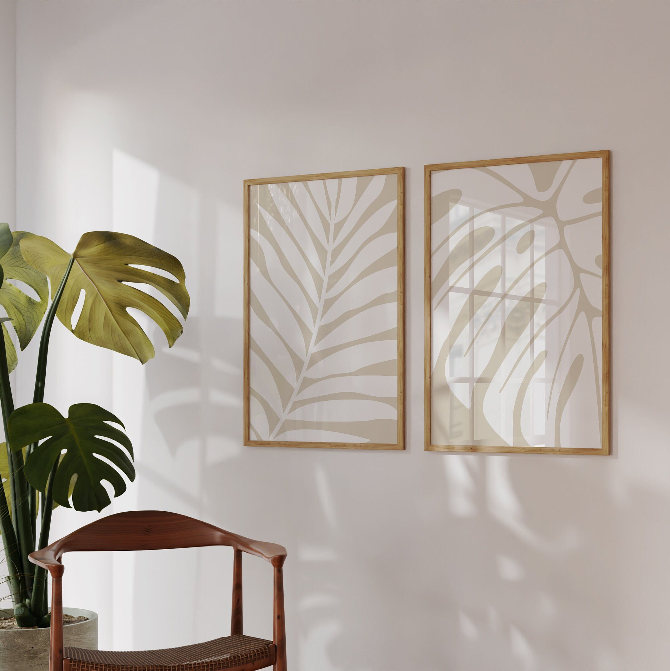 Abstract Wall Art Print Set of 2, Botanical Leaf Wall Art, White and ...