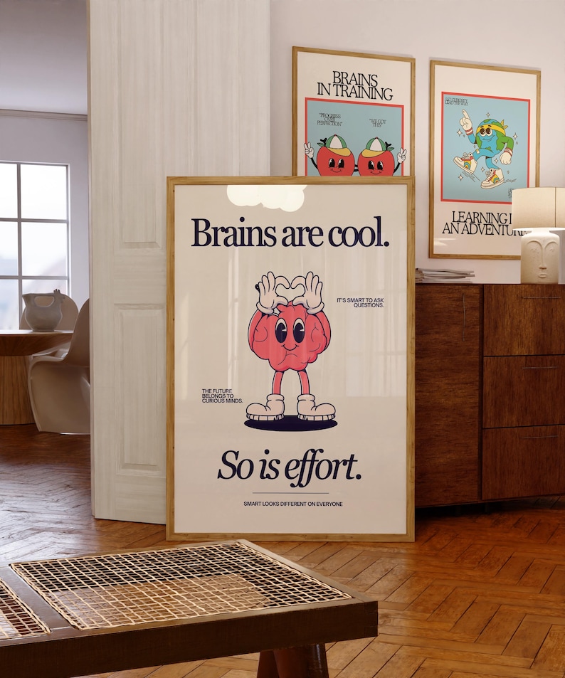 Cute Character Classroom Art -Printable Class Art - Brains Are Cool, So Is Effort Poster - Classroom Positivity Poster - Retro Character Art image 2