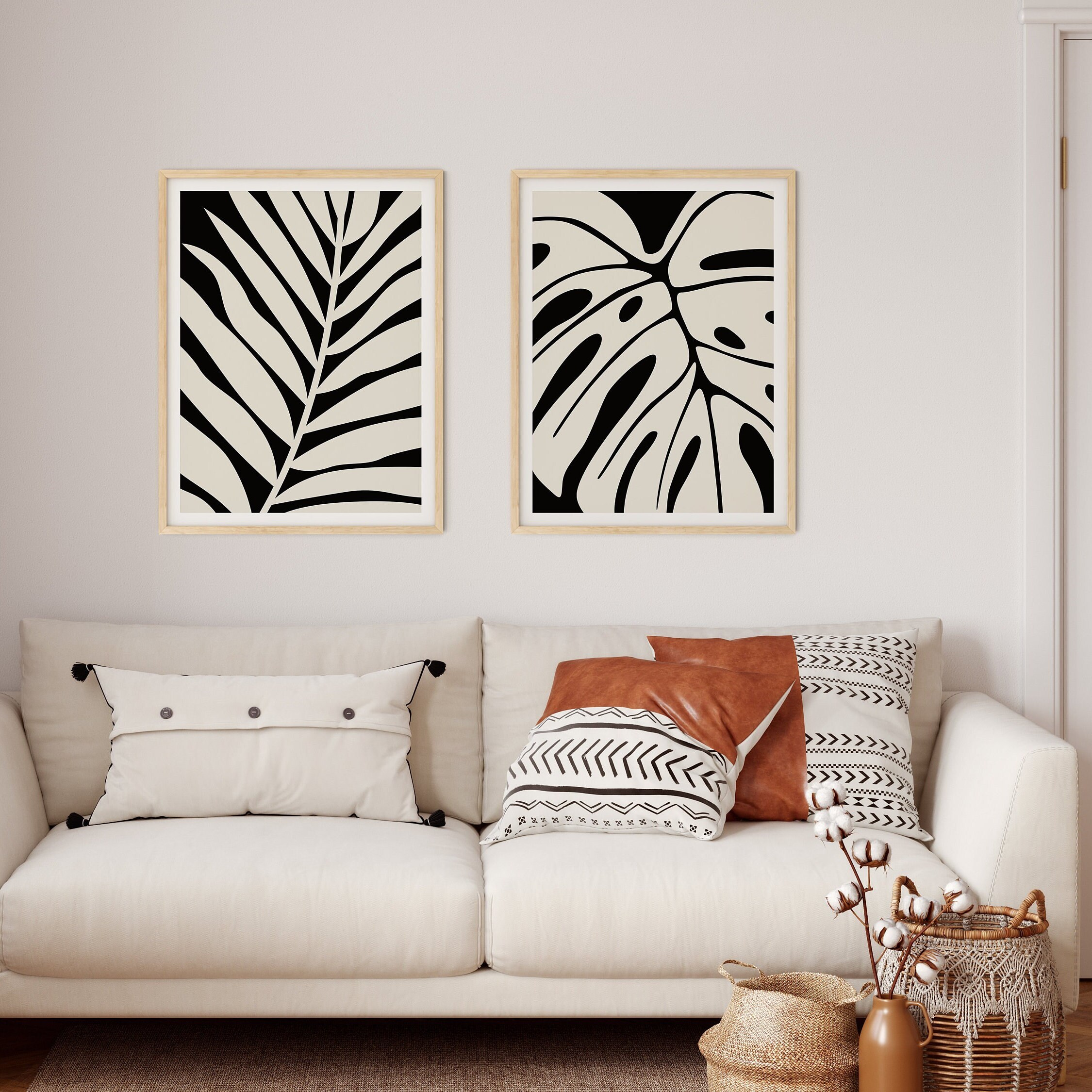 Abstract Wall Art Print Set of 2, Botanical Leaf Wall Art, Black and ...