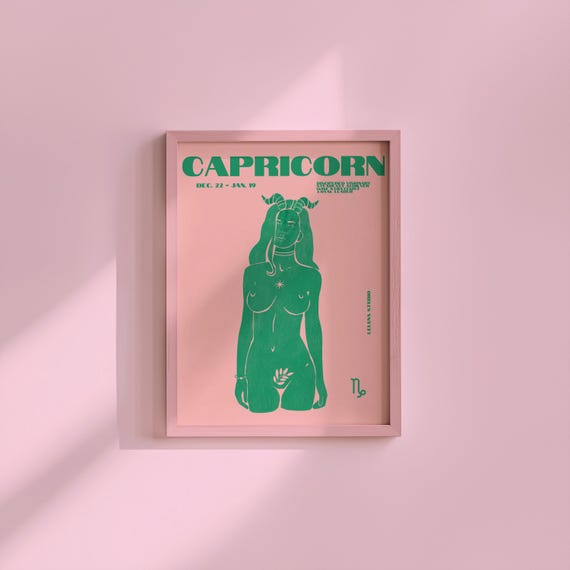 Pink & Green Maximalist Capricorn Art Poster/Maximalist Zodiac/Trendy Astrology Art/Capricorn Wall Art/ Instant Download/ Cool Apartment Art