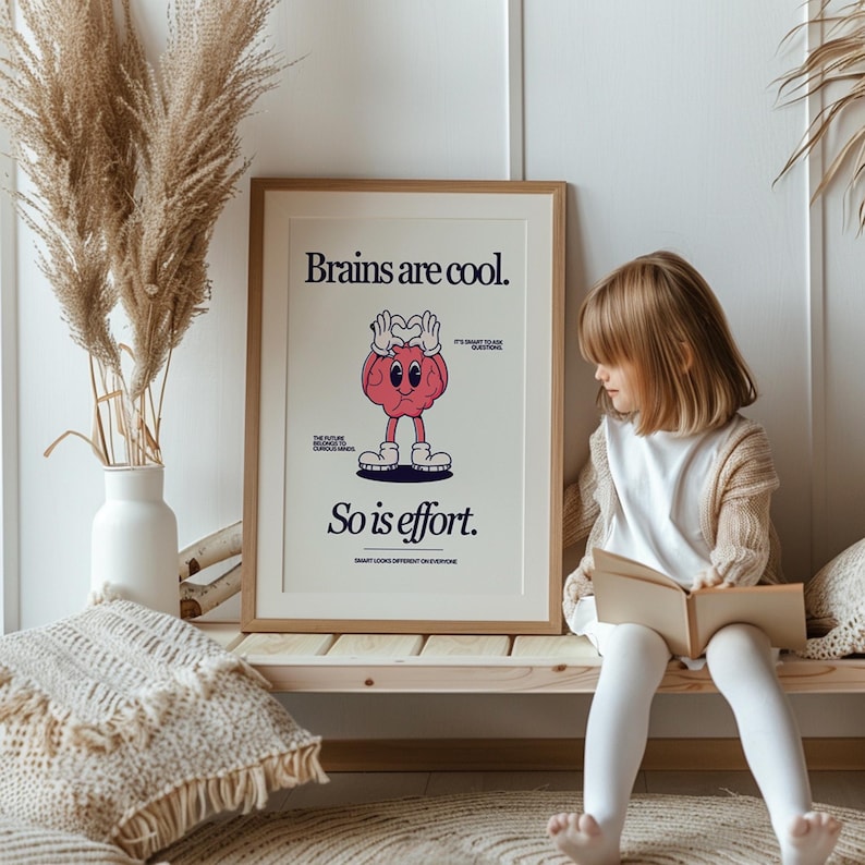 Cute Character Classroom Art -Printable Class Art - Brains Are Cool, So Is Effort Poster - Classroom Positivity Poster - Retro Character Art image 8