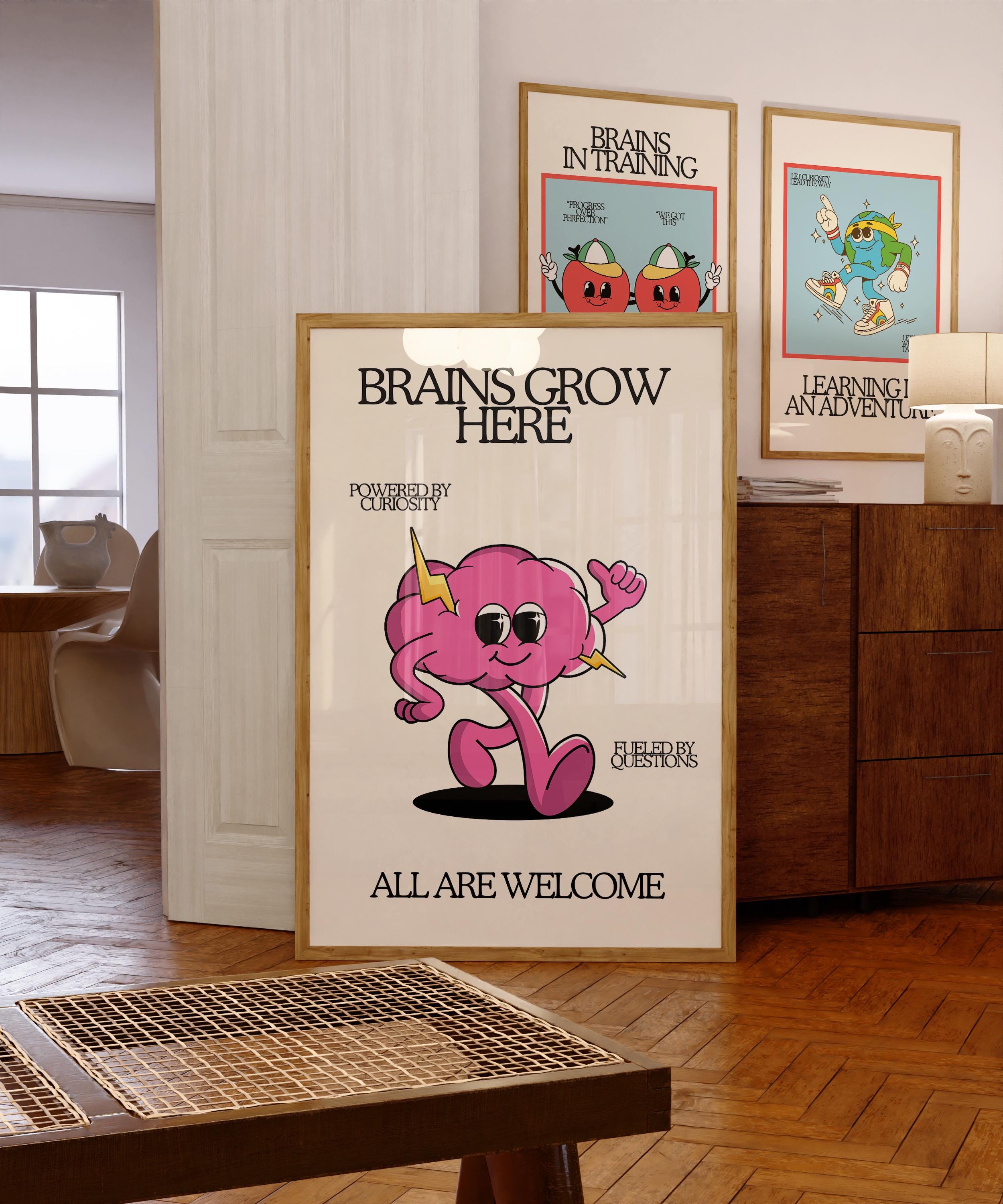 Brains Grow Here | Retro Character Classroom Art Print (digital ...