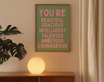 You Are Affirmation Art Poster - afdrukbare muurkunst - minimalistische affirmatieprint - roze en saliegroen muurkunst - You Are Amazing Self Love Art
