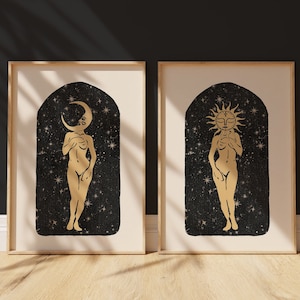 Stjärnklar sol och måne kosmisk gudinna konsttryck set om 2/utskrivbart himmelskt konstset, kosmisk väggkonst, häxig estetisk poster, väggkonstdekor