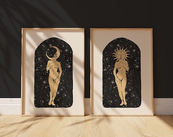 Sternenhimmel, Sonne & Mond, kosmische Göttin Art Print 2er-Set/ druckbare Celestial Art Set, kosmische Wandkunst, witchy ästhetisches Plakat, Wand-Kunst-Dekor