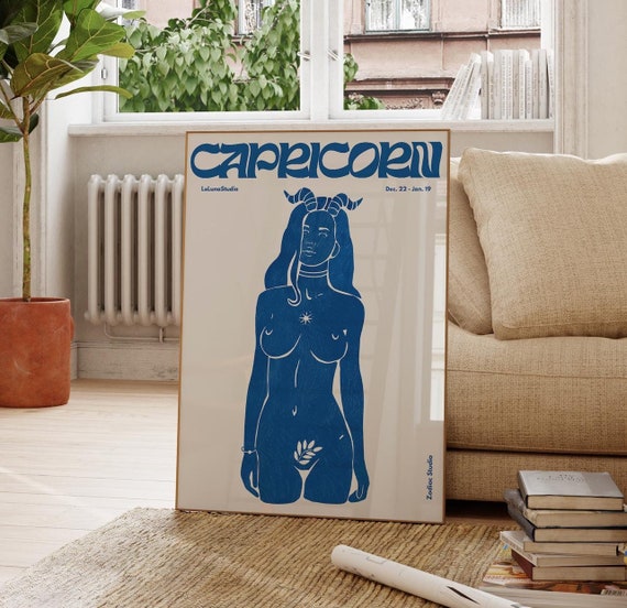 Blue Retro Capricorn Wall Art Poster/Printable Art/Minimalist Wall Art/Trendy Astrology Art/Capricorn Art Print/ Digital Download/Zodiac Art