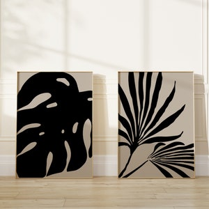 Abstract Wall Art Print Set of 2, Botanical Leaf Wall Art, Black and ...