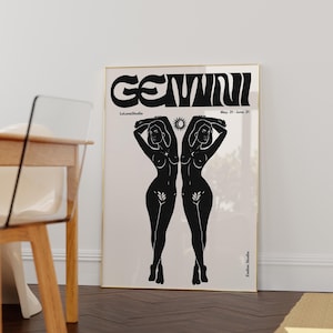 Czarny plakat ścienny retro z Bliźniętami / Sztuka do druku / Minimalistyczna sztuka ścienna / Modna sztuka astrologiczna / Wydruk artystyczny z Bliźniętami / Pobieranie cyfrowe / Sztuka zodiaku