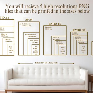 K&ouml;nnte beinhalten: Eine Grafik, die verschiedene Gr&ouml;&szlig;en von hochaufl&ouml;senden PNG-Dateien zeigt, die in verschiedenen Seitenverh&auml;ltnissen gedruckt werden k&ouml;nnen, darunter 2:3, 4:5 und 3:4. Die Grafik enth&auml;lt auch die Standard-Papierformate A1, A2, A3 und A4. Der Text "Sofa is 99" (251.5cm) wide" ist am unteren Rand der Grafik enthalten.