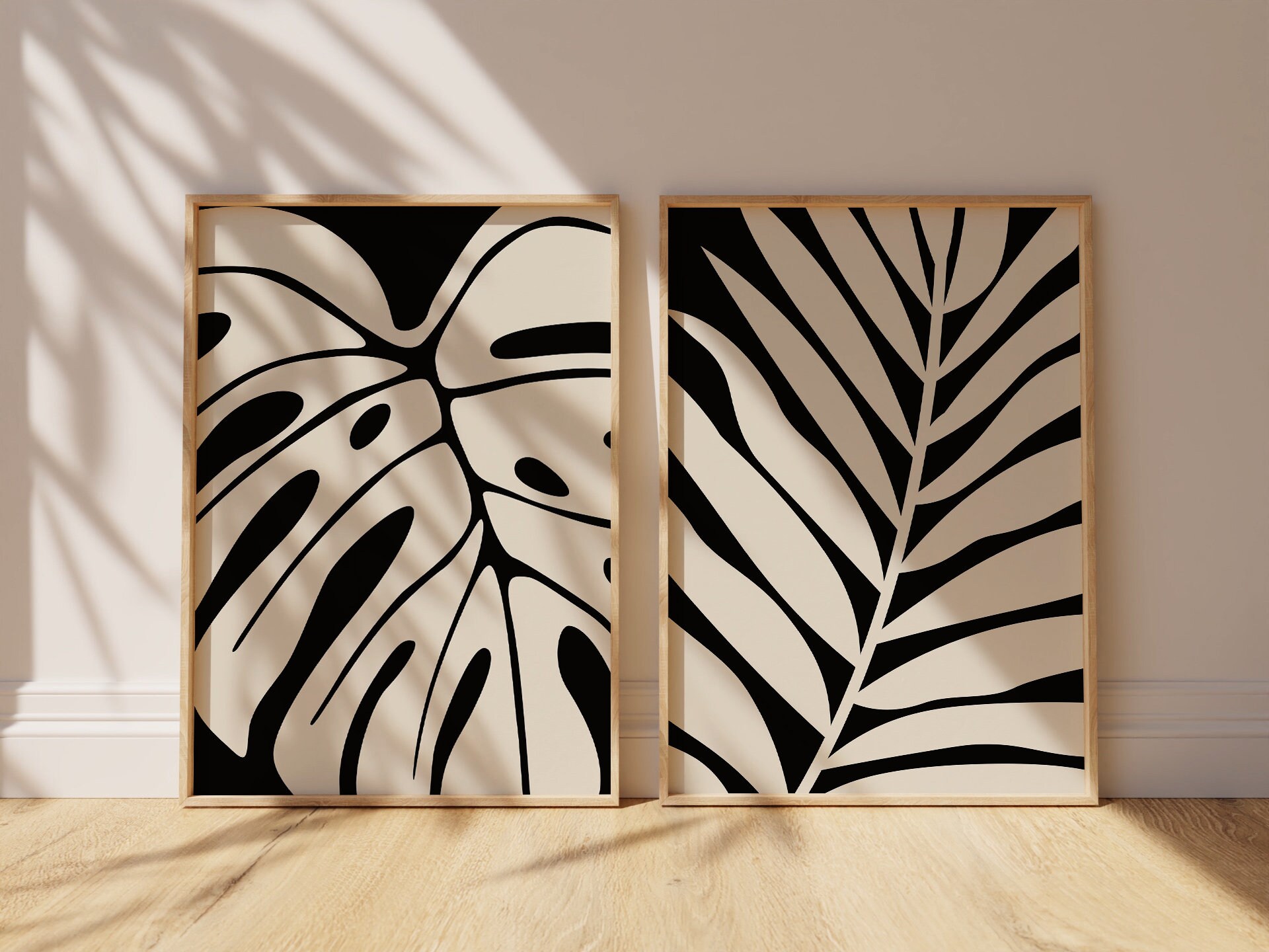 Abstract Wall Art Print Set of 2, Botanical Leaf Wall Art, Black and ...