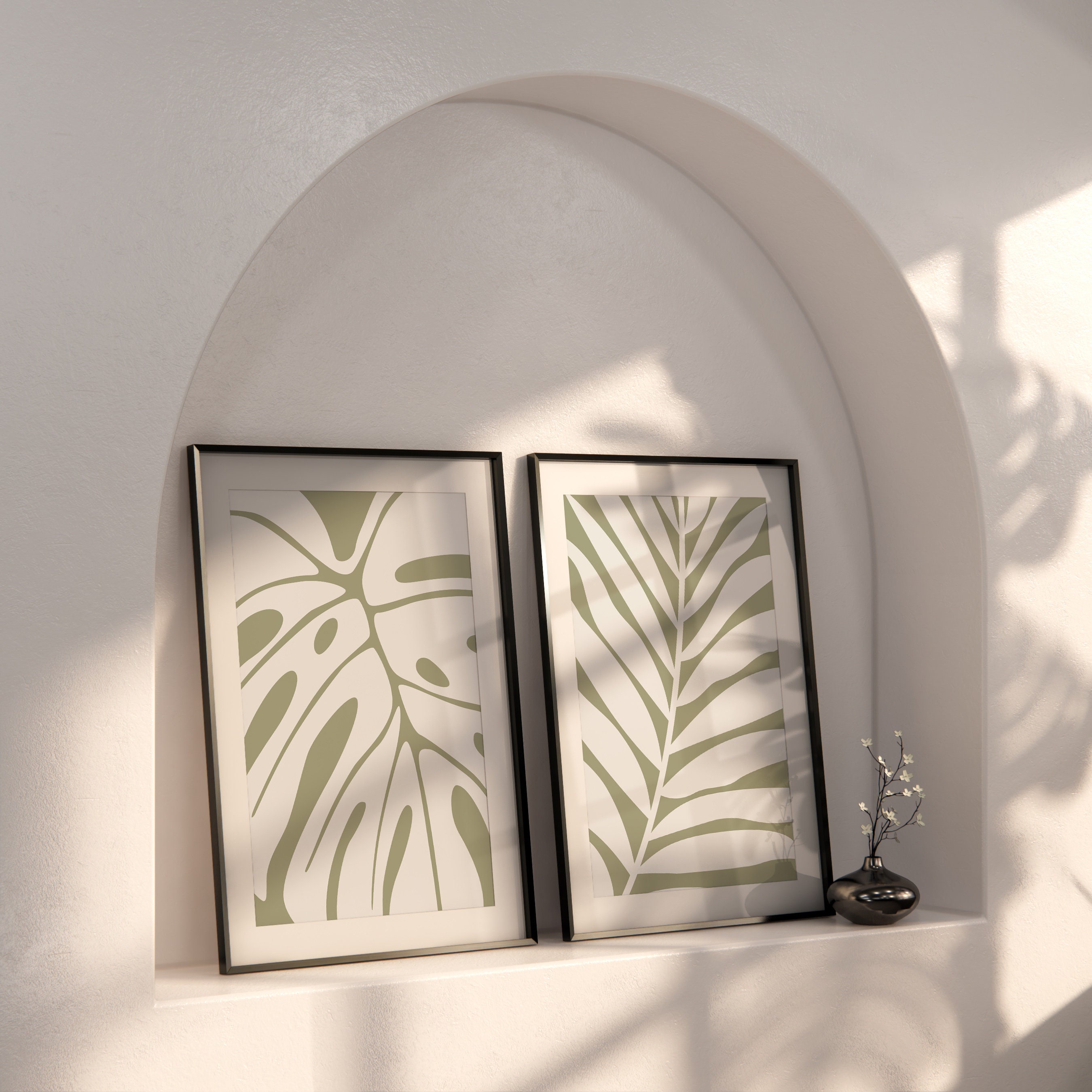 Abstract Wall Art Print Set of 2, Botanical Leaf Wall Art, Sage Green ...