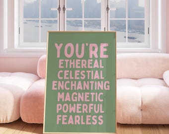 Affirmatie You Are Beautiful - afdrukbare muurkunst - print positieve affirmatie - salie en lichtroze poster - zelfliefde kunst-affirmatie print