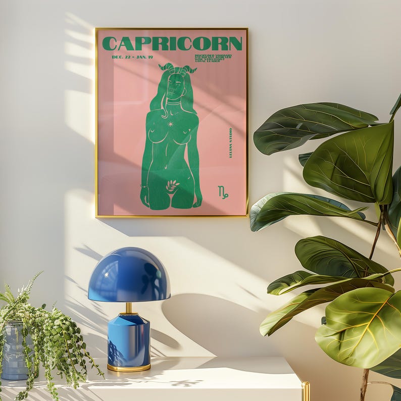 Pink & Green Maximalist Capricorn Art Poster/Maximalist Zodiac/Trendy Astrology Art/Capricorn Wall Art/ Instant Download/ Cool Apartment Art image 3