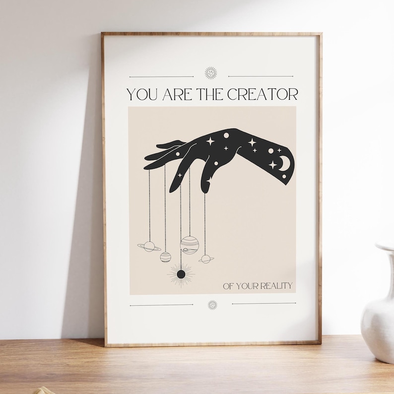 Impresión tipográfica con frase "Eres el creador de tu realidad" - Póster místico - Póster con frase espiritual - Arte espiritual - Descarga digital imagen 1