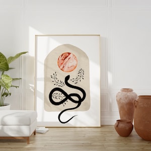 Cosmic Snake & Planet Mystic Print, Neutral Tones Boho Art Poster Print, Cosmic Wall Art, Witchy Wall Art, Boho Wall Decor, Printable Art