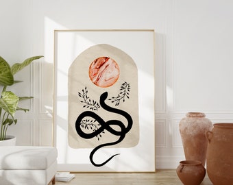 Cosmic Snake & Planet Mystic Print, Neutral Tones Boho Art Poster Print, Cosmic Wall Art, Witchy Wall Art, Boho Wall Decor, Printable Art
