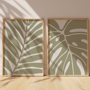 Abstract Wall Art Print Set of 2, Botanical Leaf Wall Art, Sage Green Art, Printable Modern Wall Art, Digital Download, Boho Leaf Print