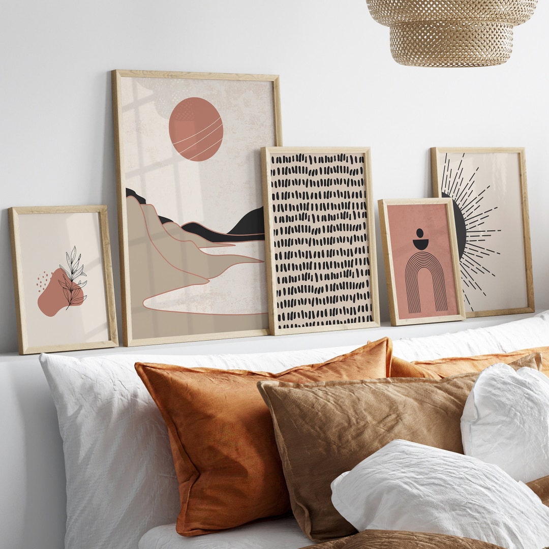 Black & Pink Boho Wall Art Print Set of 5/neutral Tone Art Print/ Boho