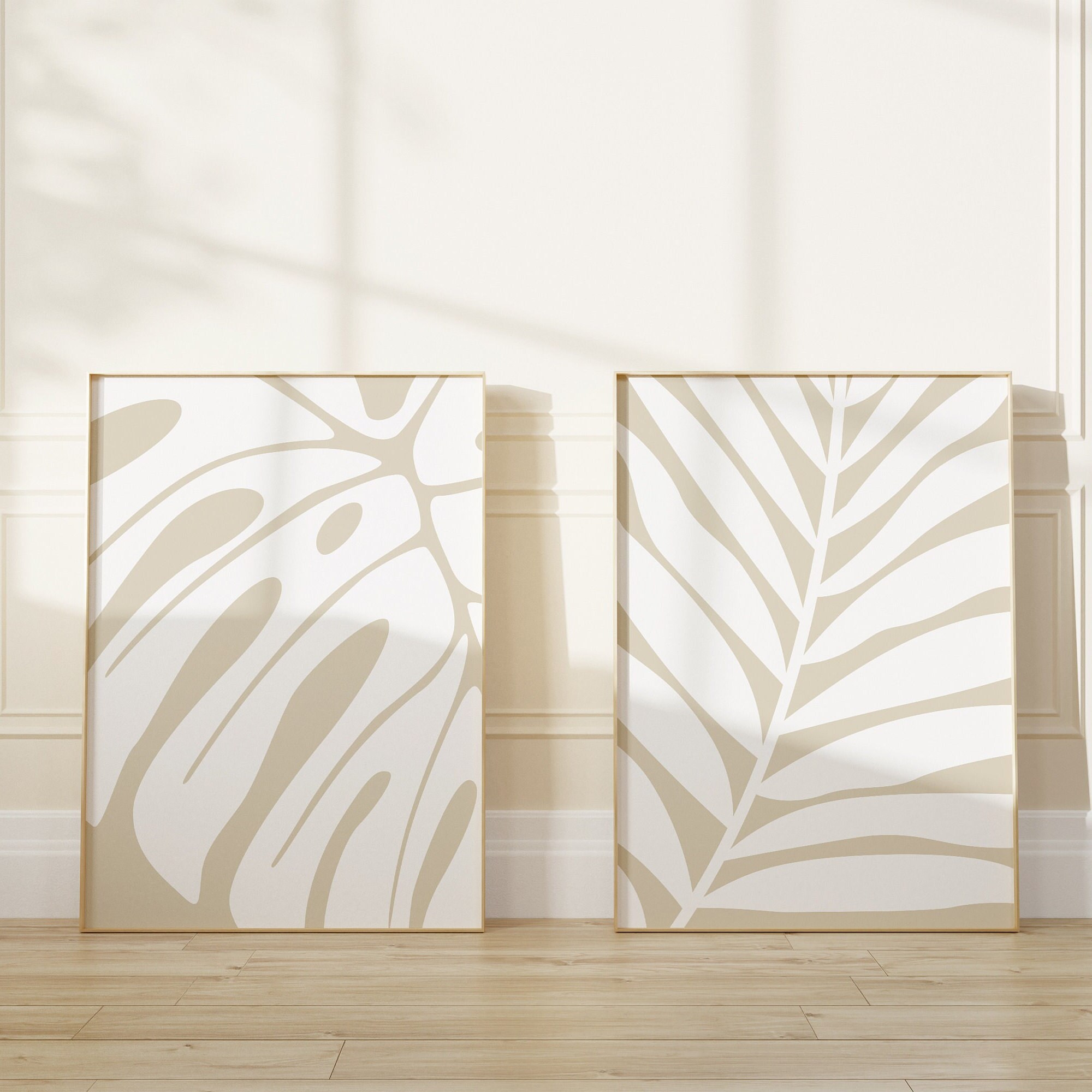 Abstract Wall Art Print Set of 2, Botanical Leaf Wall Art, White and ...