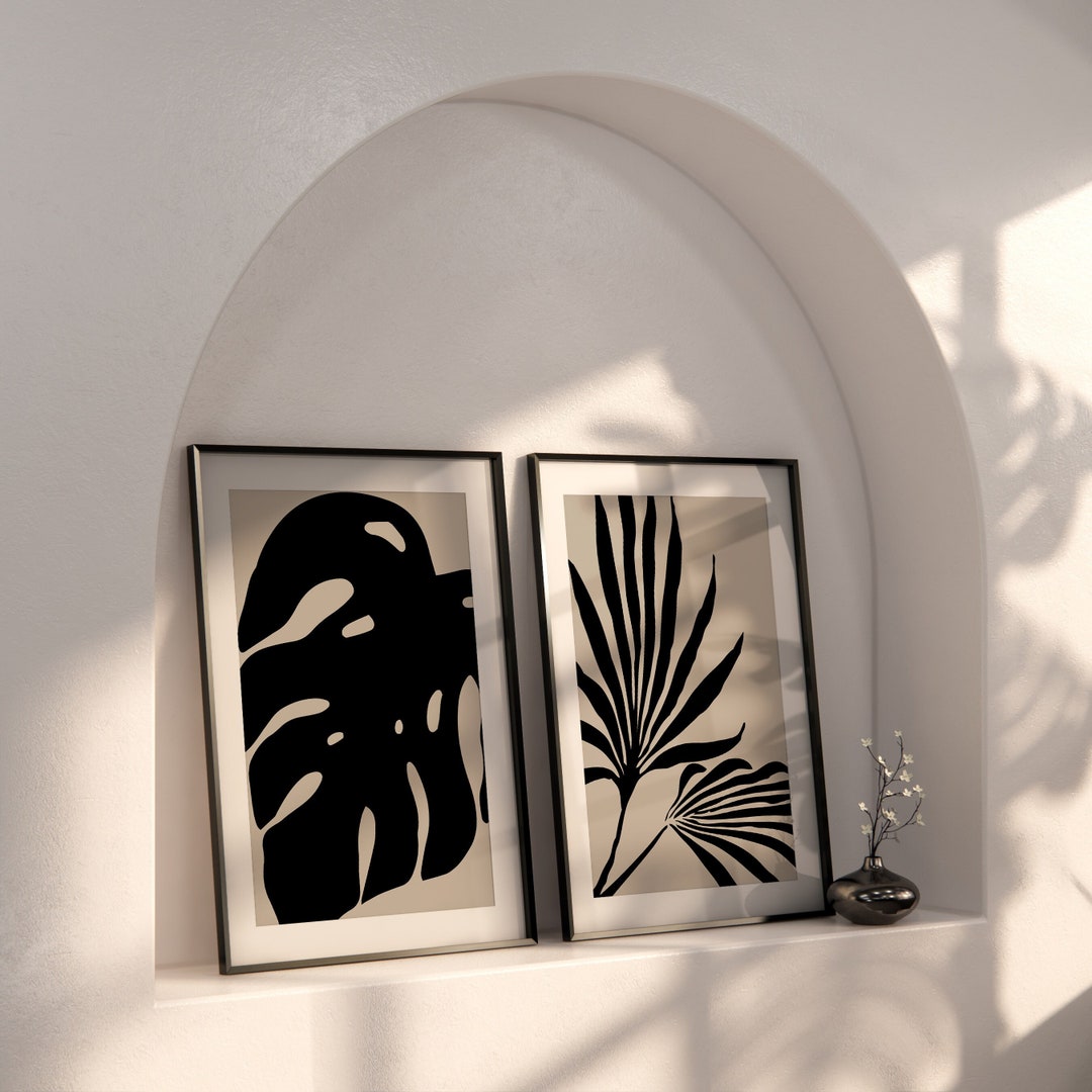 Abstract Wall Art Print Set of 2, Botanical Leaf Wall Art, Black and ...