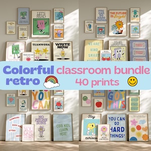 Puede incluir: Una colección de 40 láminas de arte mural de estilo retro para aulas, con ilustraciones coloridas de material escolar antropomórfico, textos motivadores y afirmaciones positivas, presentadas en varios marcos y tamaños.