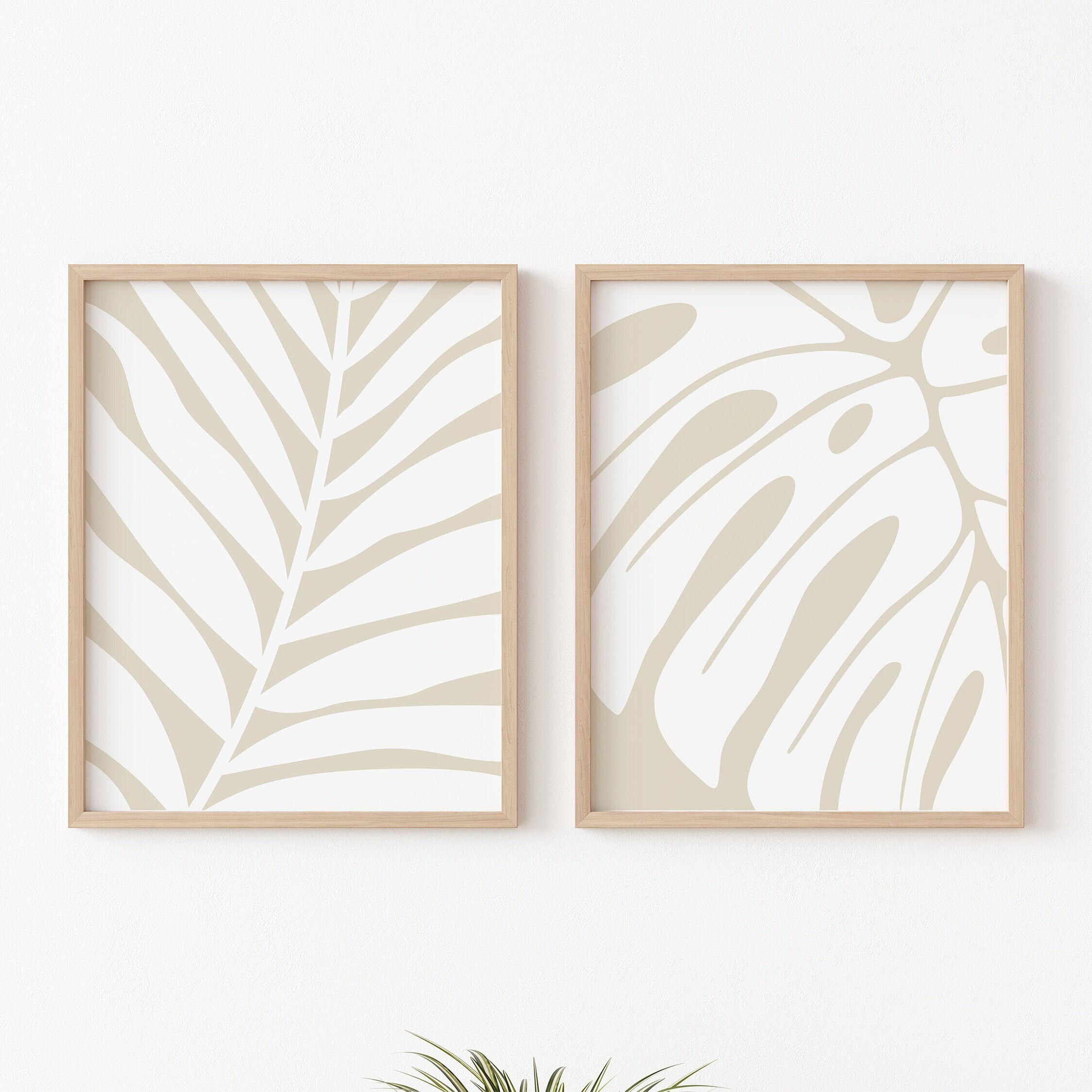 Abstract Wall Art Print Set of 2, Botanical Leaf Wall Art, White and ...