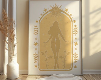 Impresión artística de la Diosa del Sol, energía femenina, decoración de pared, obra de arte espiritual, arte solar imprimible, descarga digital, decoración de pared bohemia, arte de pared neutro