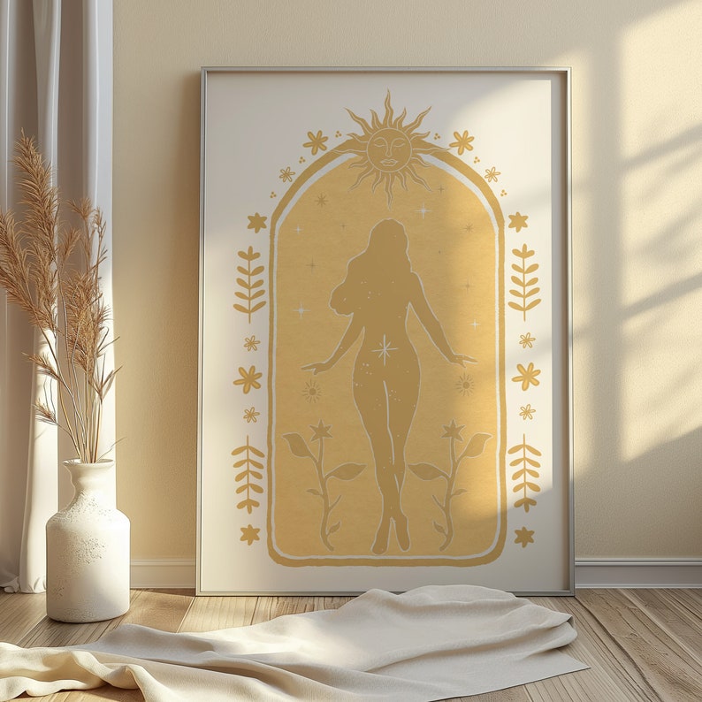 May include: A rectangular wall art print featuring a golden yellow archway containing a silhouette of a person standing with arms outstretched. Above the figure is a sun with a face, surrounded by small stars, flowers, and leaf motifs.