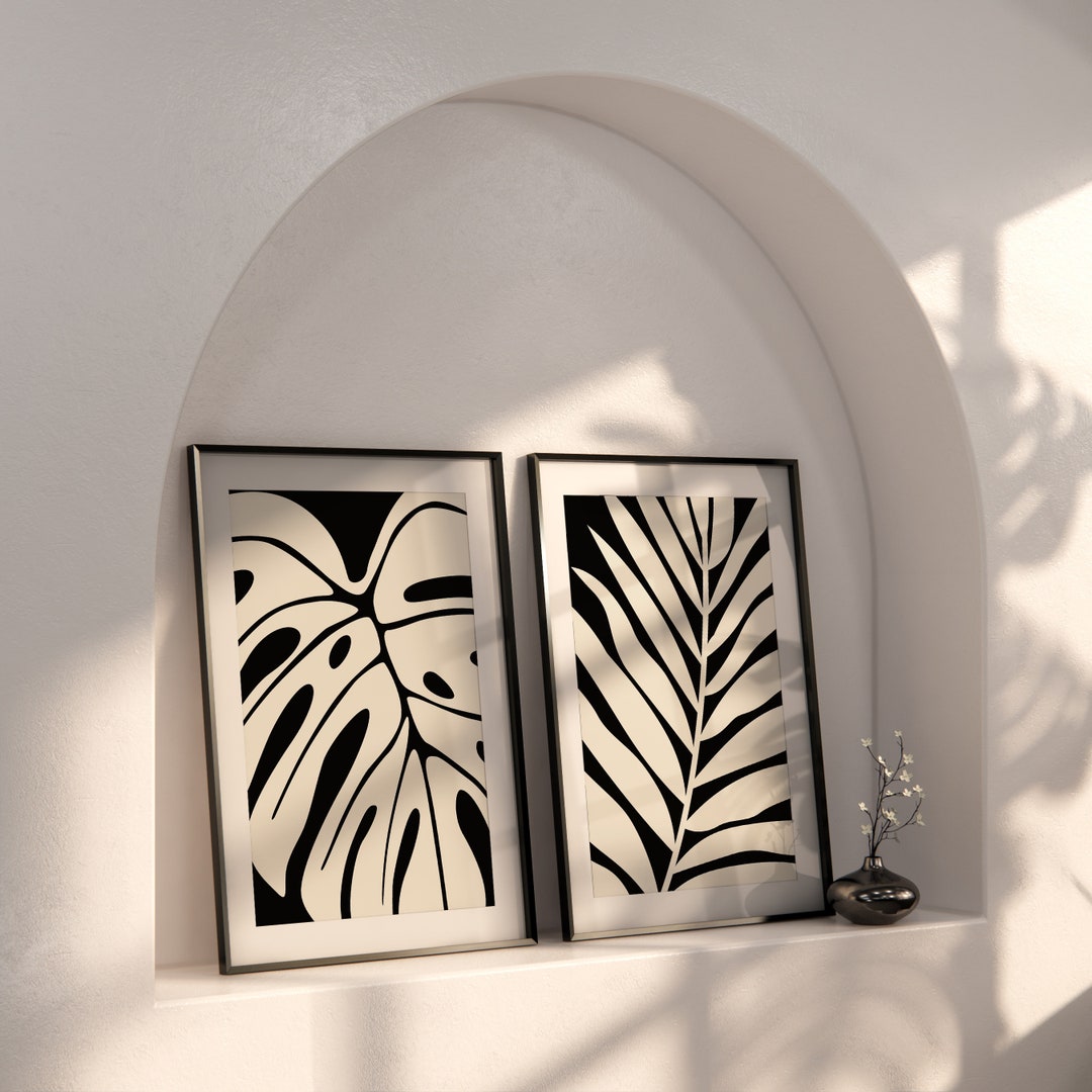 Abstract Wall Art Print Set of 2, Botanical Leaf Wall Art, Black and ...
