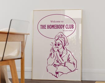 The Homebody Club Quote Art Print - Trendy Home Art - Poster grappige gezegden - Pink Girly Wall Art - Esthetische muurkunst - Introverte kunstposter
