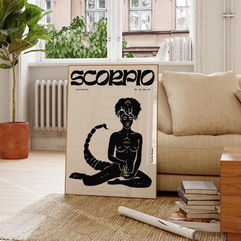 May include: Black and gold illustration of a Scorpio zodiac sign. The illustration features a woman with a scorpion tail sitting with her legs crossed. The text "Scorpio" is written in a bold, stylized font at the top of the image. The dates "Oct. 23 - Nov. 21" are written below the text "Scorpio".
