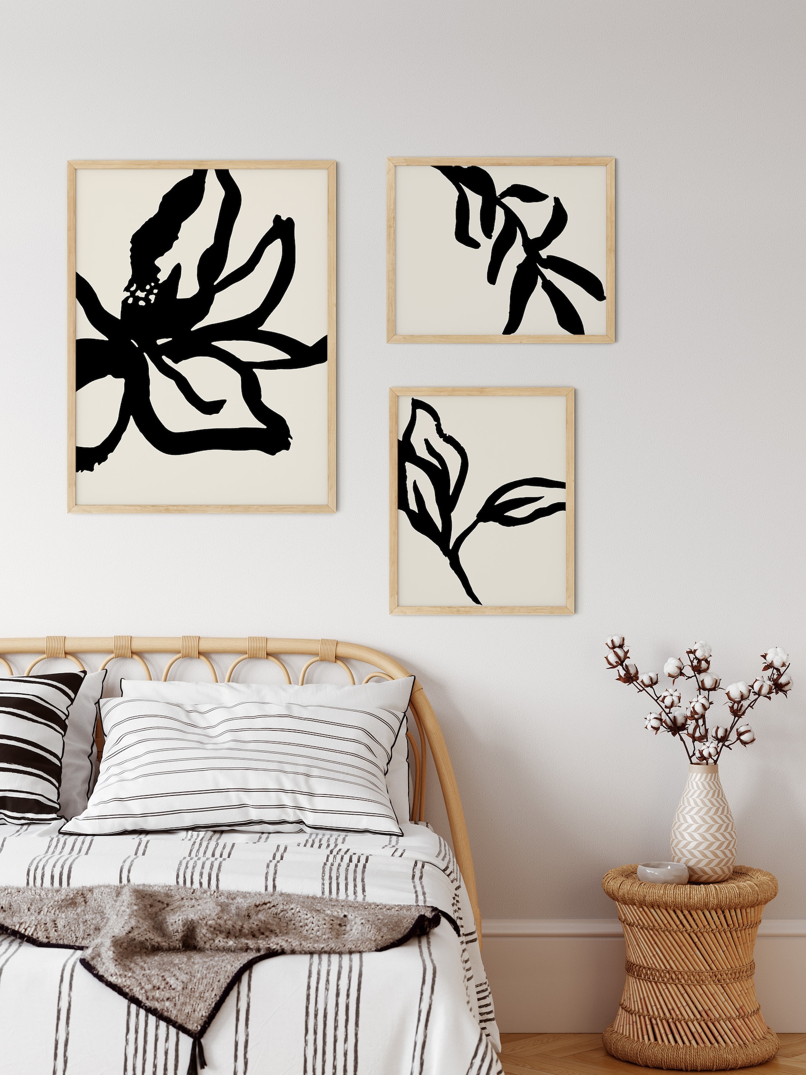 Black Line Leaf & Flower Wall Art, Wall Art Print Set of 3, Minimalist ...