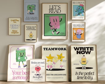 Cute Character Classroom Gallery Set of 10 Prints - Classroom Decor - Classroom Positivity Poster - Retro Character Art - Vintage Mascots