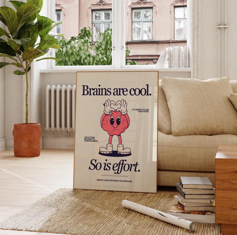 Cute Character Classroom Art -Printable Class Art - Brains Are Cool, So Is Effort Poster - Classroom Positivity Poster - Retro Character Art image 5