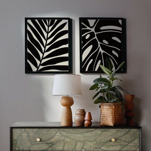 Abstract Wall Art Print Set of 2, Botanical Leaf Wall Art, Black ...