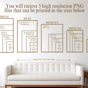 May include: A diagram showing different sizes of high-resolution PNG files that can be printed in various ratios, including 2:3, 4:5, and 3:4. The sizes are listed in inches and centimeters. The diagram also includes a sofa for scale, which is 99 inches (251.5 cm) wide.