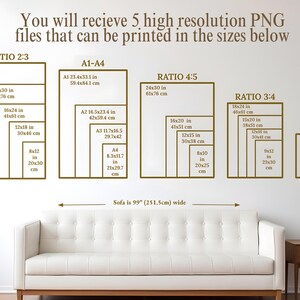 May include: A diagram showing different sizes of high-resolution PNG files that can be printed in various ratios, including 2:3, 4:5, and 3:4. The sizes are listed in inches and centimeters. The diagram also includes a sofa for scale, which is 99 inches (251.5 cm) wide.