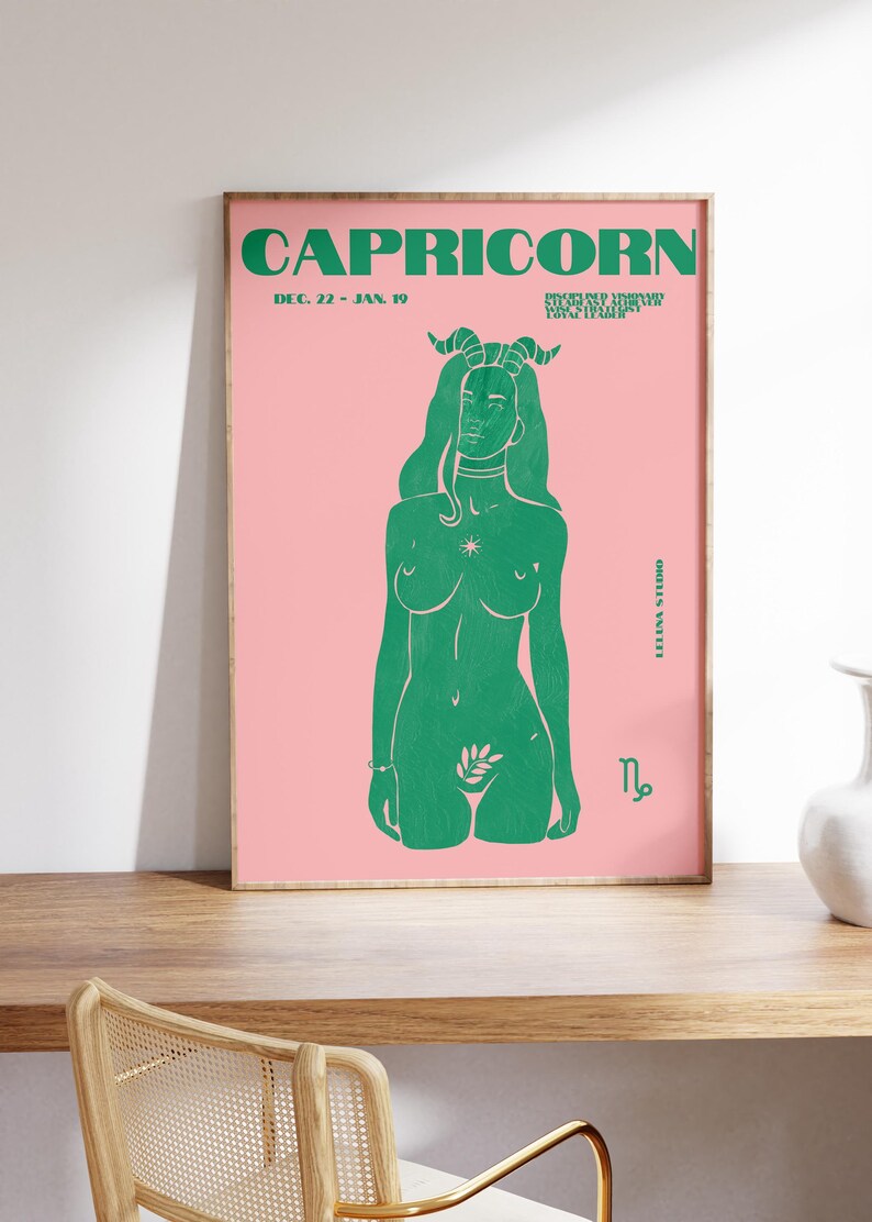 Pink & Green Maximalist Capricorn Art Poster/Maximalist Zodiac/Trendy Astrology Art/Capricorn Wall Art/ Instant Download/ Cool Apartment Art image 5