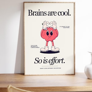 Cute Character Classroom Art -Printable Class Art - Brains Are Cool, So Is Effort Poster - Classroom Positivity Poster - Retro Character Art image 4